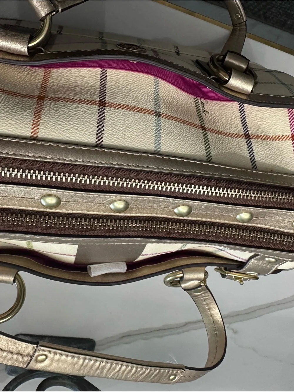 Coach Cream Satchel with Multicolor Plaid Stripes